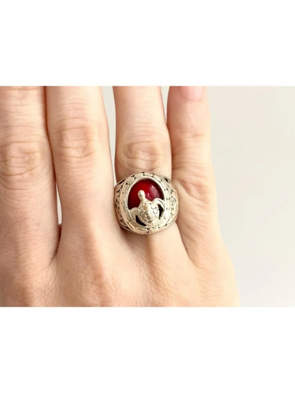 Carnelian Stone Turtle Figural Oval Sterling Silver 925 Vintage Ring - sz 6